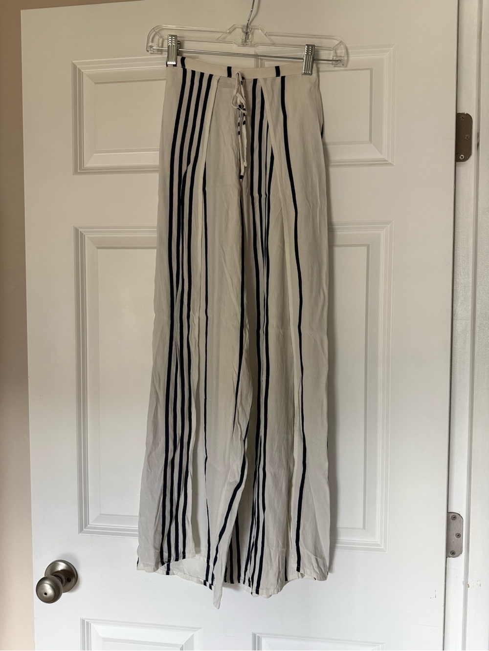 Faithfull the Brand Cream Wide-Leg Pants with Navy Vertical Stripes